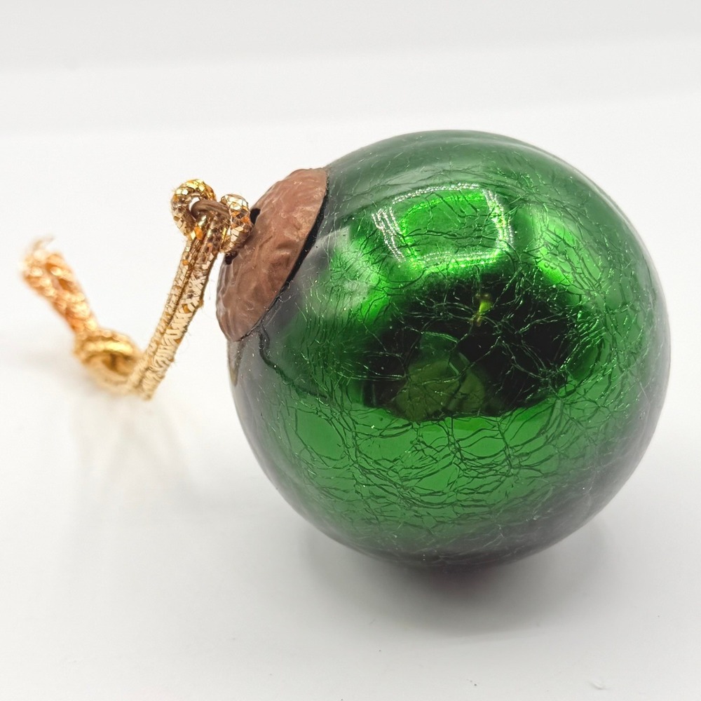 Green Midwest Kugel Style Ornament Crackle Glass Vintage